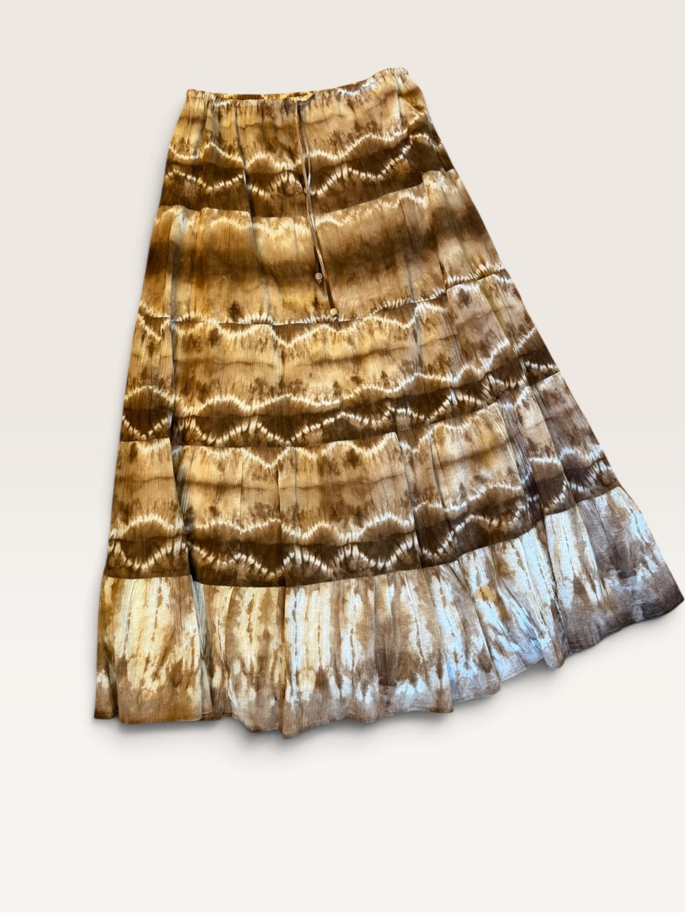 Y2K Anne Klein Brown & Cream Tie-Dye Maxi Skirt w Beads 100% Cotton Boho Hippie